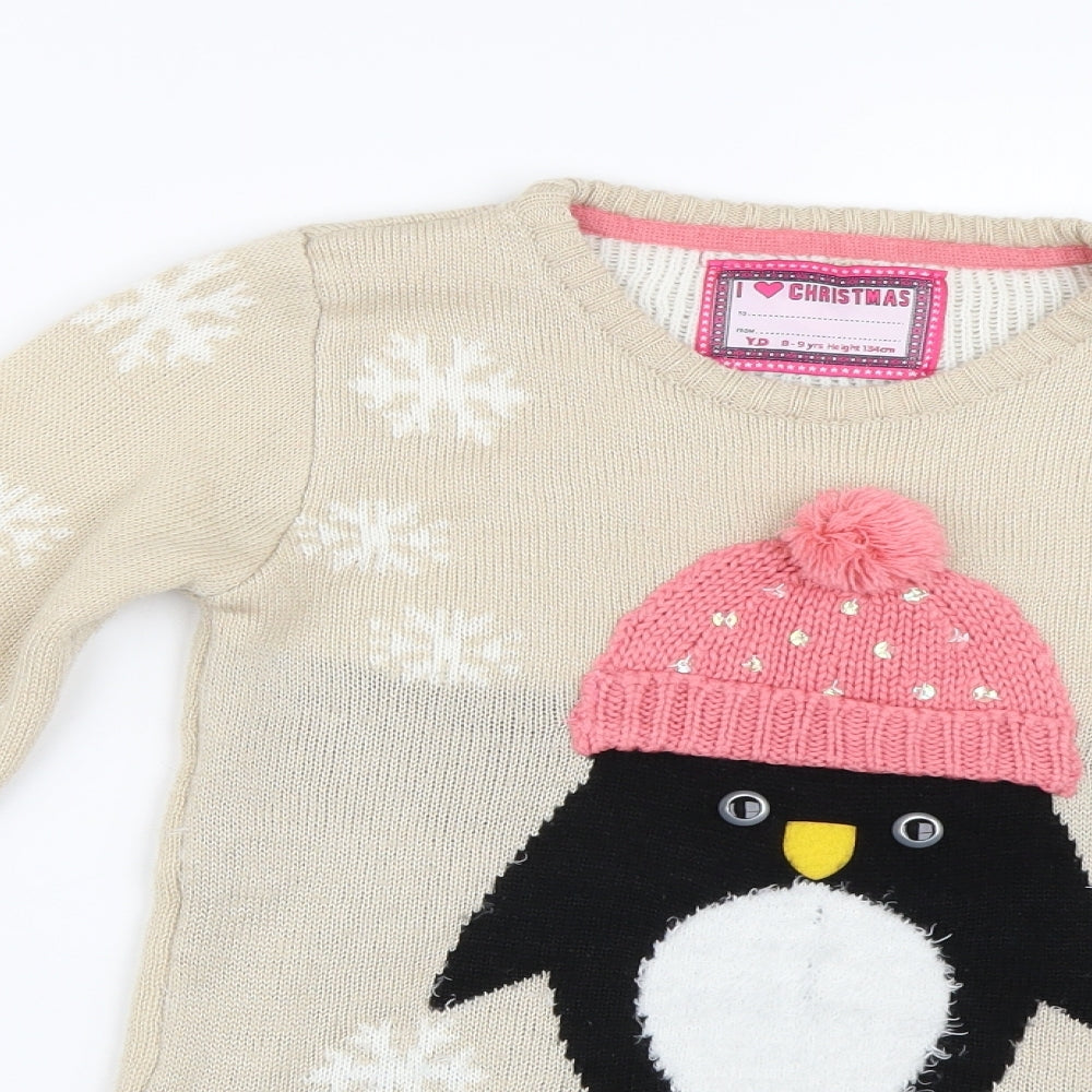 Primark Girls Beige  Knit Pullover Jumper Size 8-9 Years  - Penguin