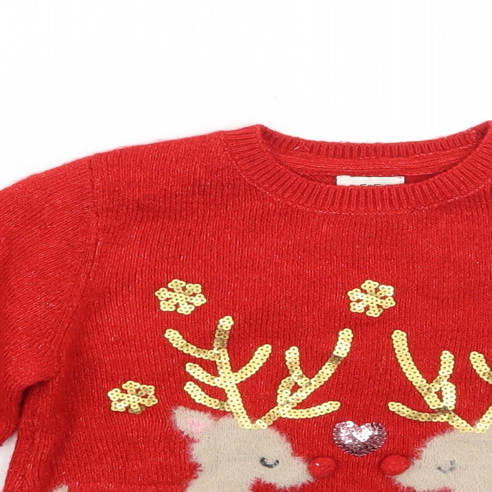 F&F Girls Red   Pullover Jumper Size 2-3 Years  - Christmas
