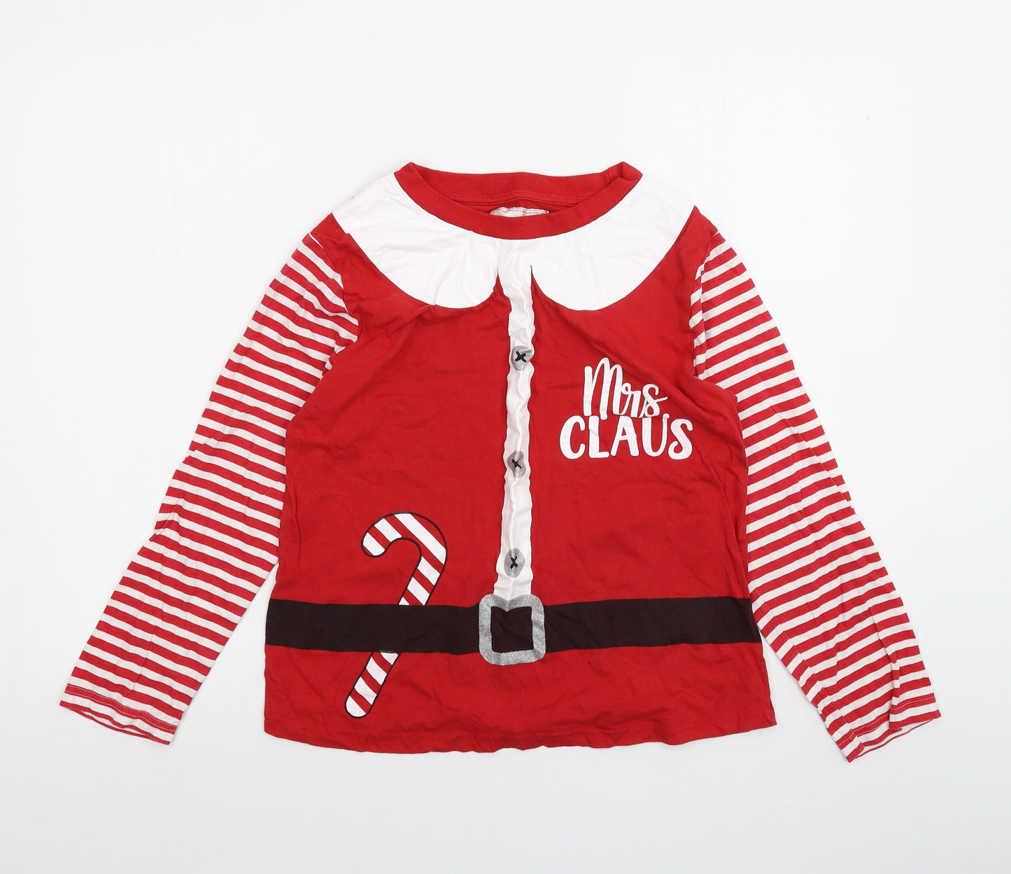 Preworn Girls Red Striped  Basic T-Shirt Size 8-9 Years  - Christmas