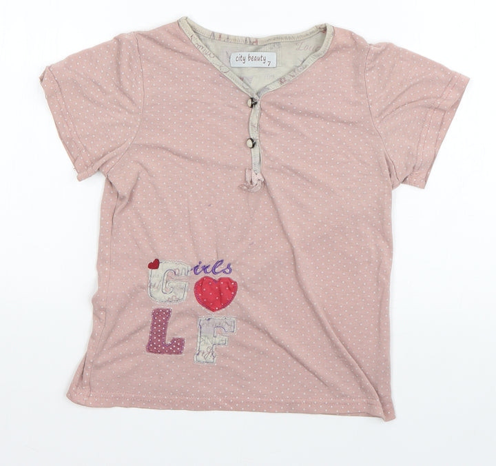 Preworn Girls Beige Spotted  Basic T-Shirt Size 7 Years