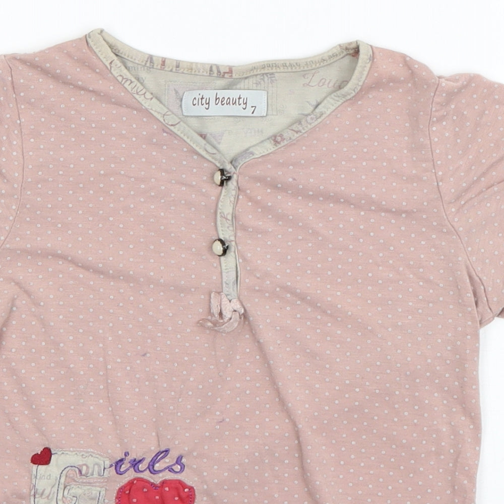 Preworn Girls Beige Spotted  Basic T-Shirt Size 7 Years