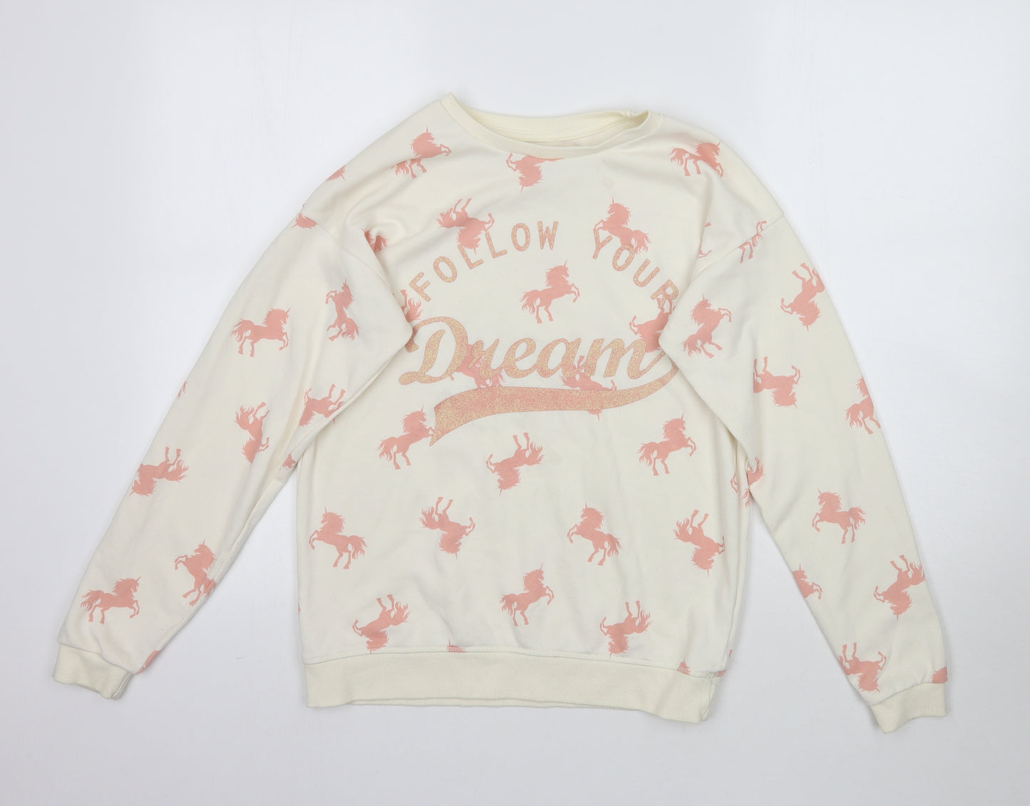 Primark Girls Ivory   Pullover Sweatshirt Size 13-14 Years  - Unicorn Follow your dreams