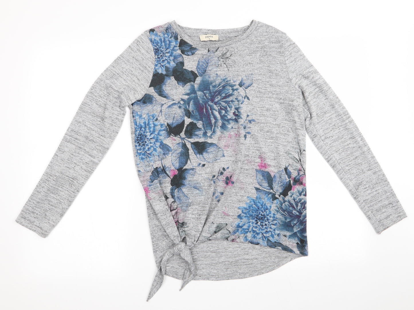 Papaya Womens Grey Floral  Pullover Jumper Size 8  - Side Tie Detail