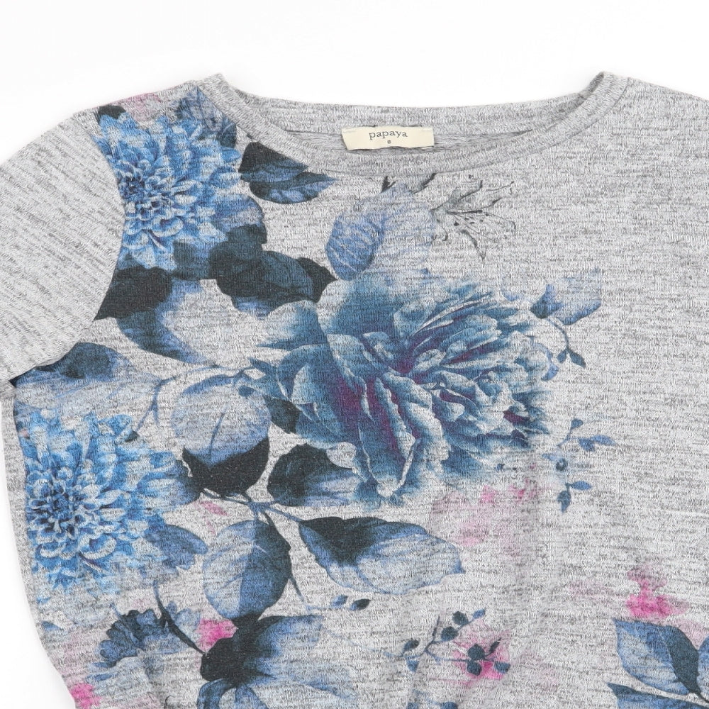 Papaya Womens Grey Floral  Pullover Jumper Size 8  - Side Tie Detail
