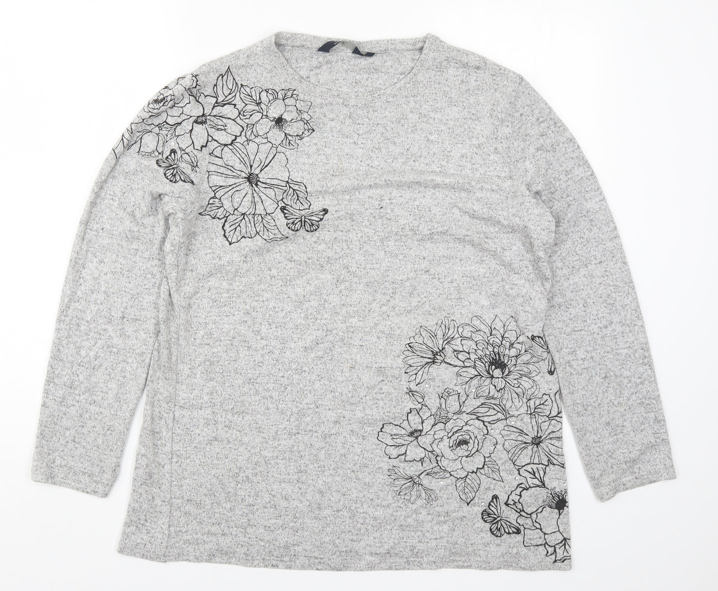 Isle Womens Grey Floral  Pullover Jumper Size 14