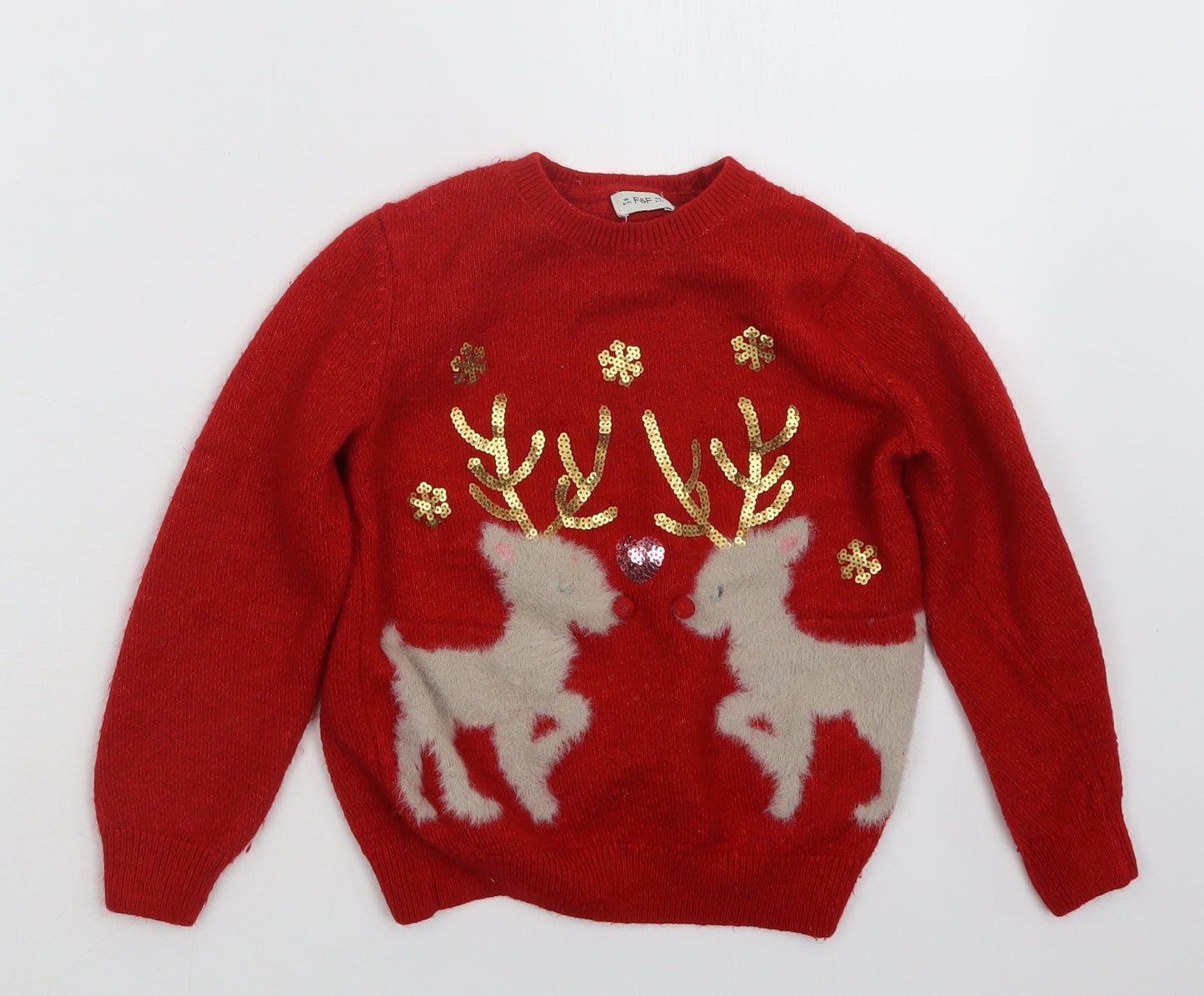 F&F Girls Red  Knit Pullover Jumper Size 6-7 Years  - Christmas