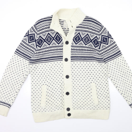 Burton Mens White Geometric Knit Cardigan Jumper Size XL
