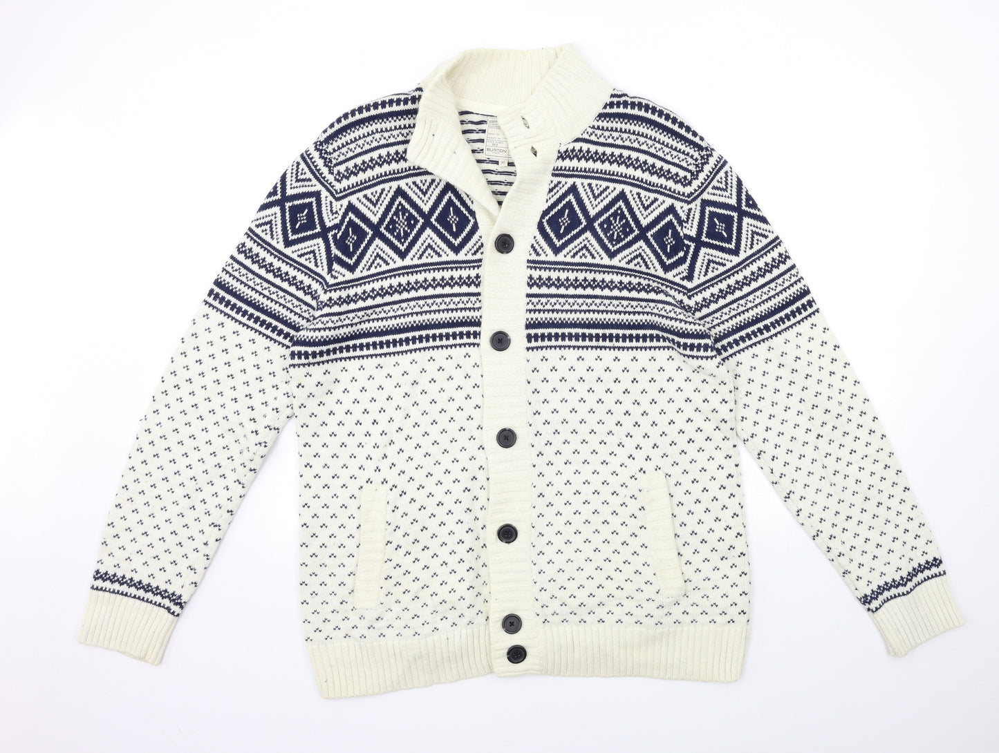 Burton Mens White Geometric Knit Cardigan Jumper Size XL