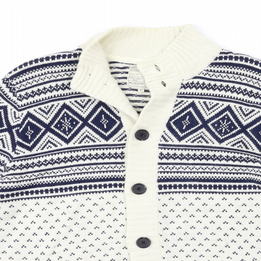 Burton Mens White Geometric Knit Cardigan Jumper Size XL