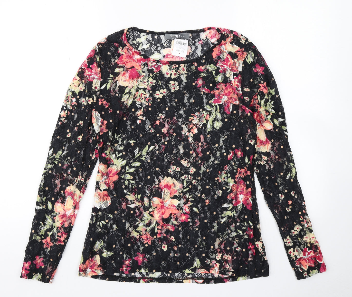 Nutmeg Womens Black Floral Mesh Basic T-Shirt Size 12