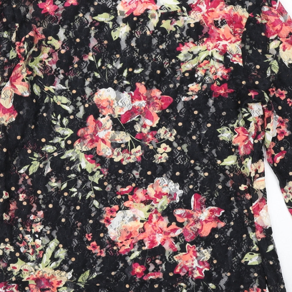 Nutmeg Womens Black Floral Mesh Basic T-Shirt Size 12