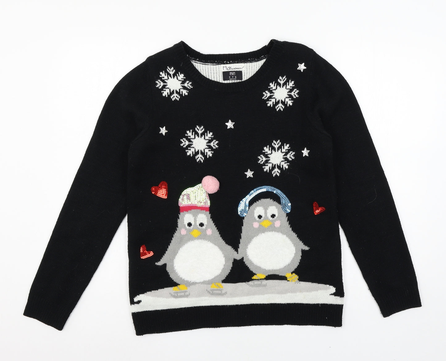 F&F Womens Black  Knit Pullover Jumper Size 10  - Penguin