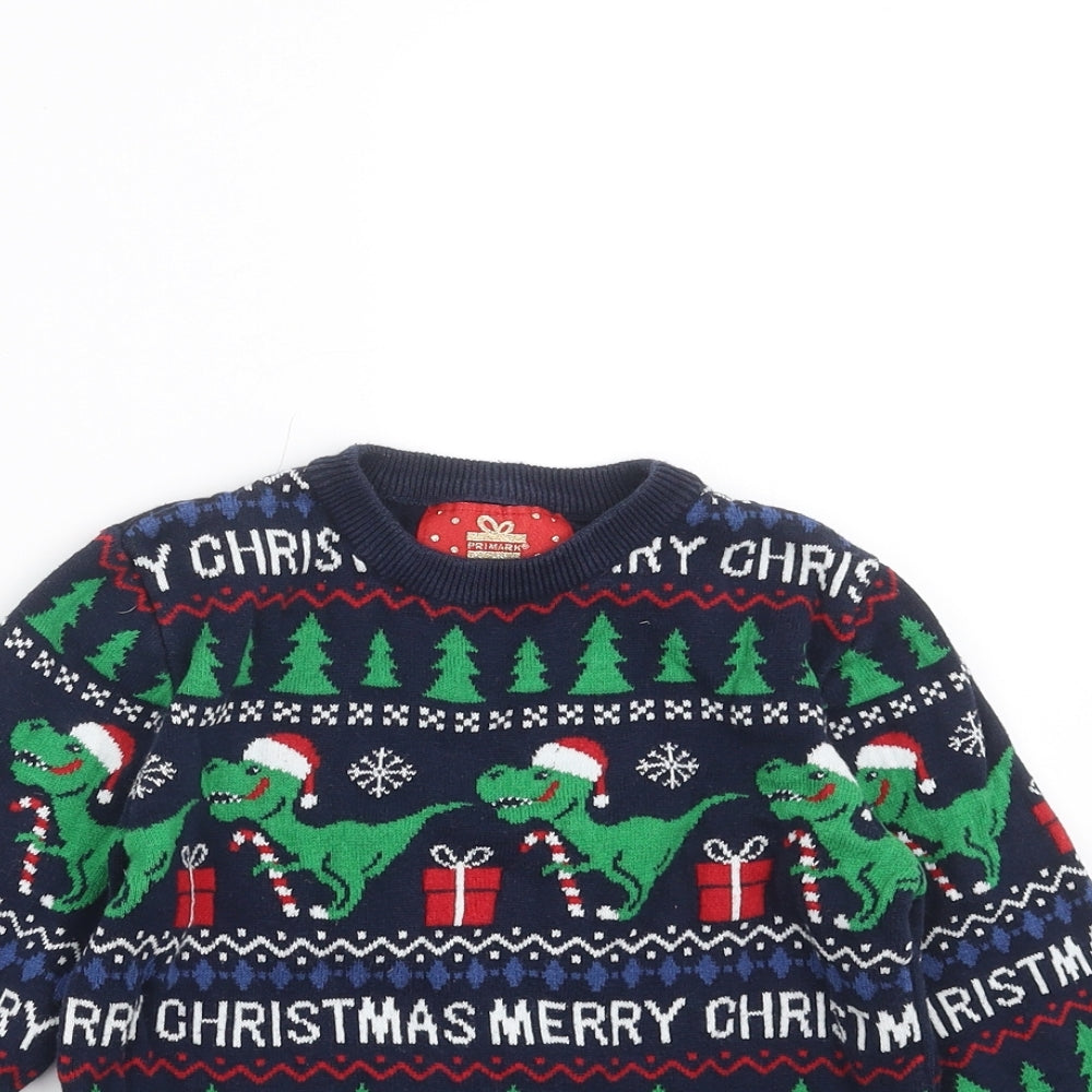 Primark Boys Blue   Pullover Jumper Size 5-6 Years  - christmas dinosaur