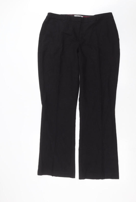 Front view of Nutmeg women’s black trousers, size UK 14, 30-inch leg