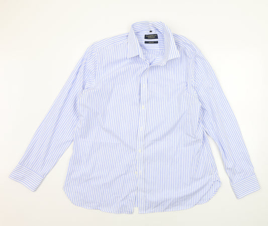 Front view of Hammond & Co. men’s blue striped button-up, size 18