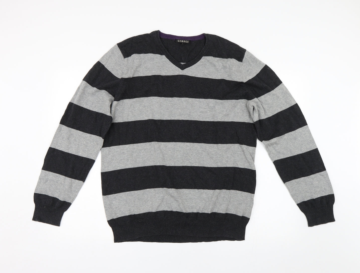 George Mens Grey Striped Knit Pullover Jumper Size L