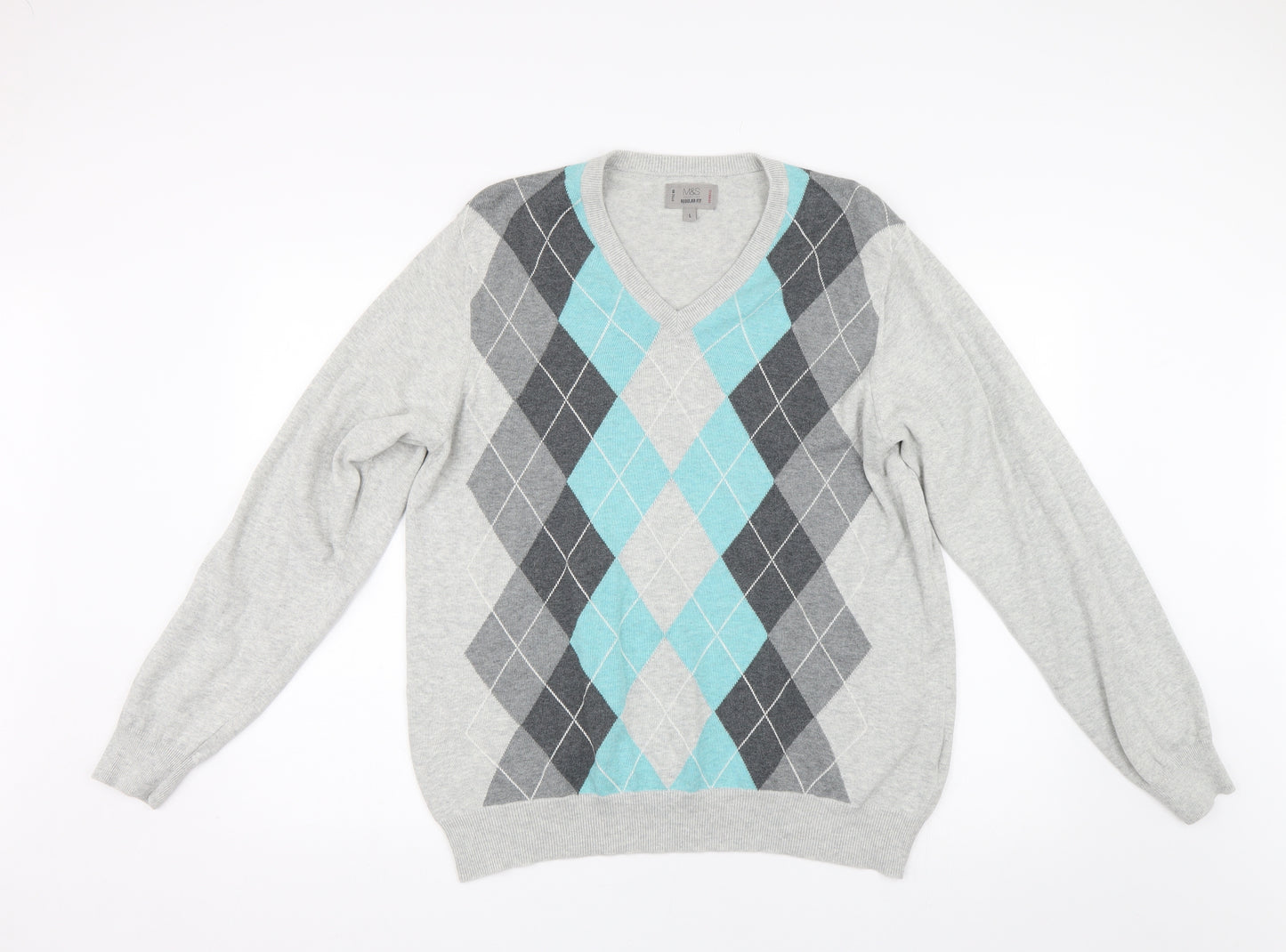M&S Mens Grey Argyle/Diamond Knit Pullover Jumper Size L