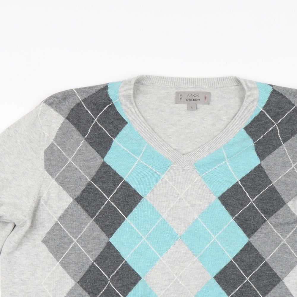 M&S Mens Grey Argyle/Diamond Knit Pullover Jumper Size L