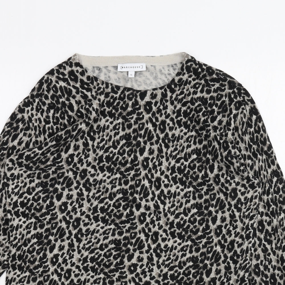Warehouse Womens Black Animal Print  Basic T-Shirt Size 12