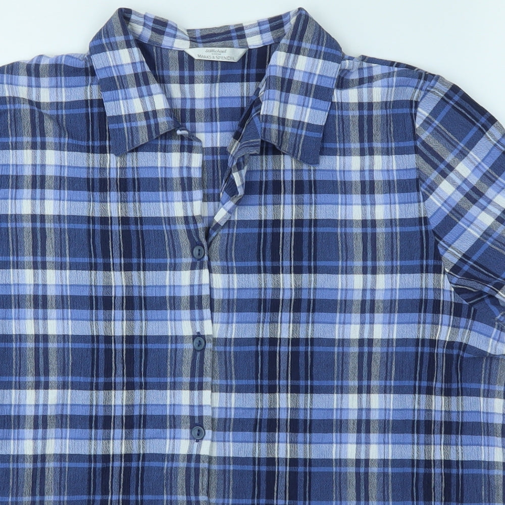 M&S  Womens Blue Plaid  Basic Button-Up Size 16