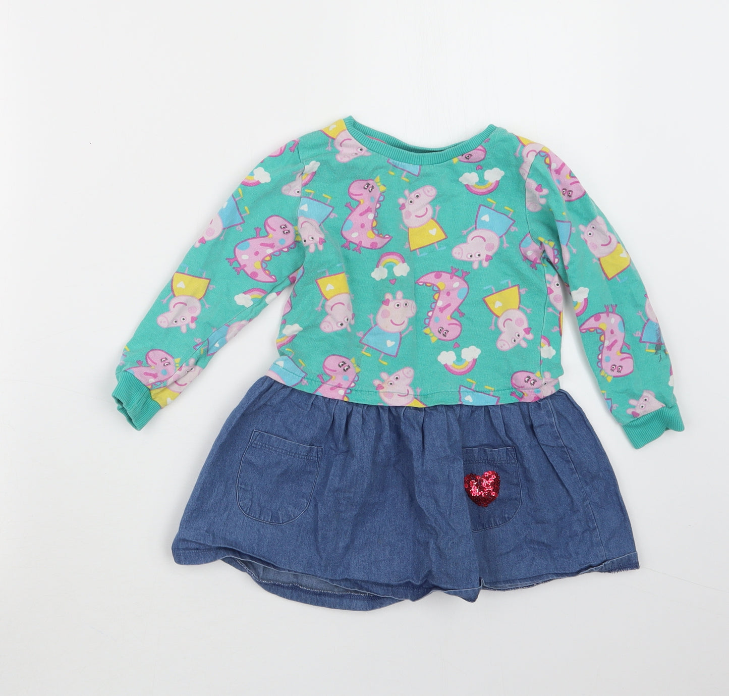 George Girls Green Geometric  T-Shirt Dress  Size 2-3 Years  - Peppa Pig