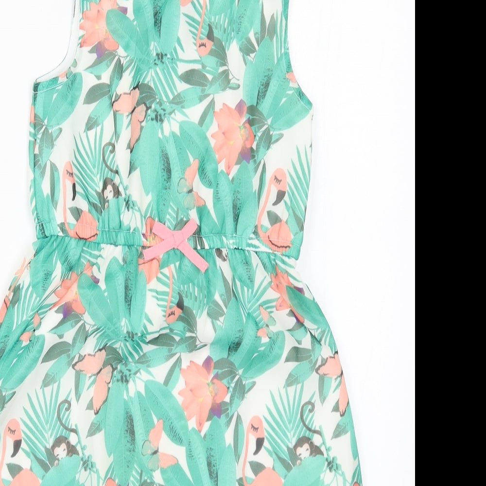 H&M Girls Green Fair Isle  A-Line  Size 8 Years  - Monkeys Flamingos Butterflies