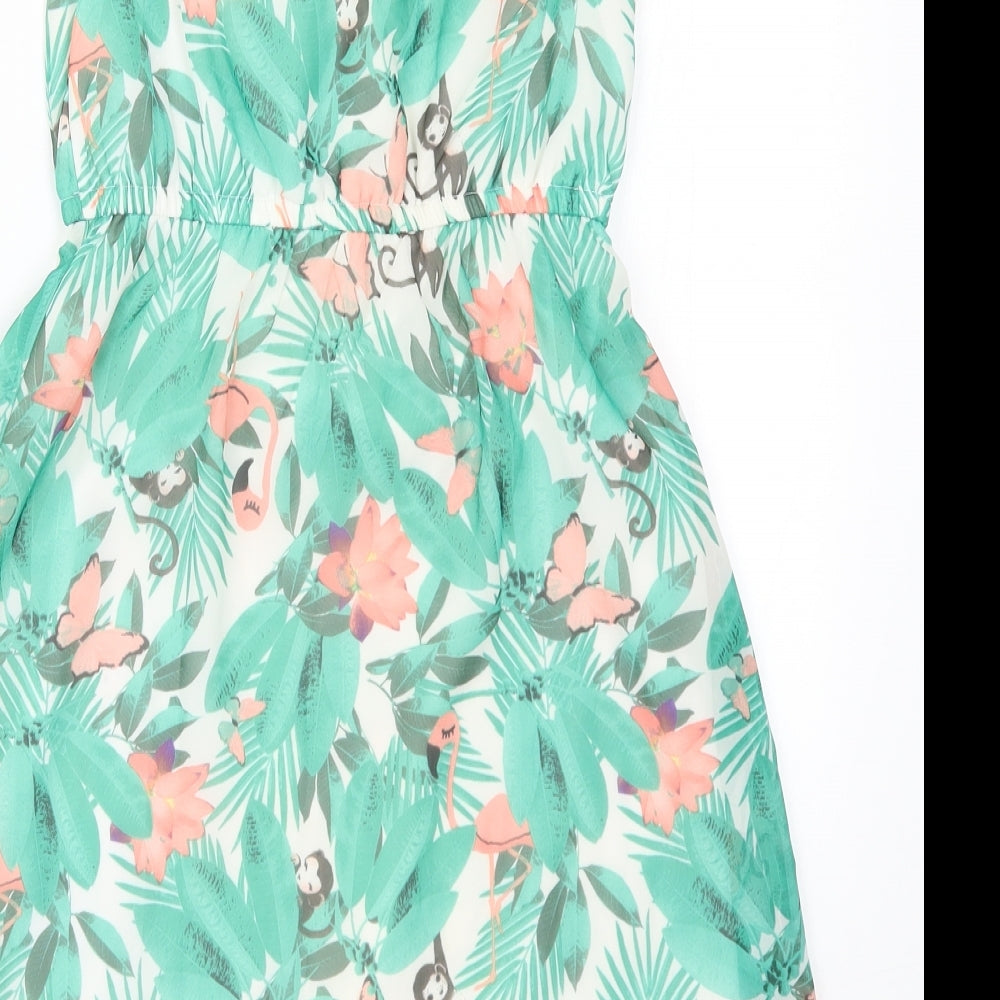 H&M Girls Green Fair Isle  A-Line  Size 8 Years  - Monkeys Flamingos Butterflies