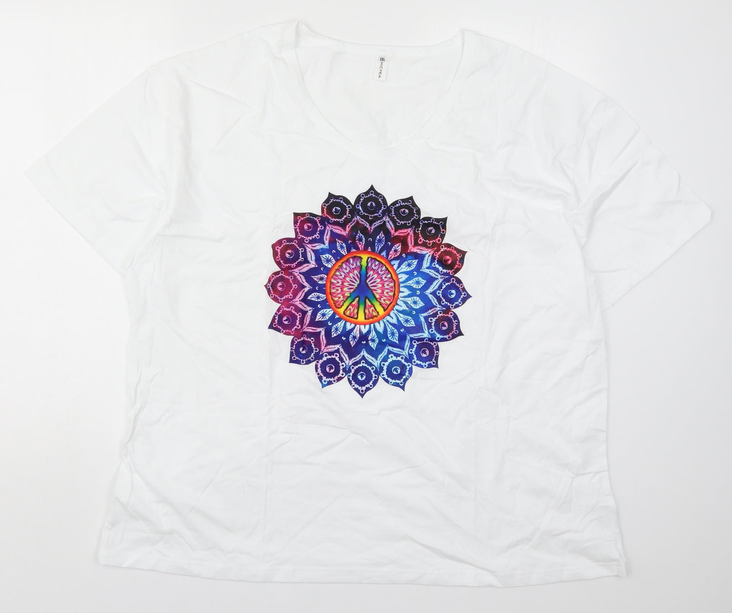 Chicyeya Womens White   Basic T-Shirt Size 2XL  - Mandala Peace Sign