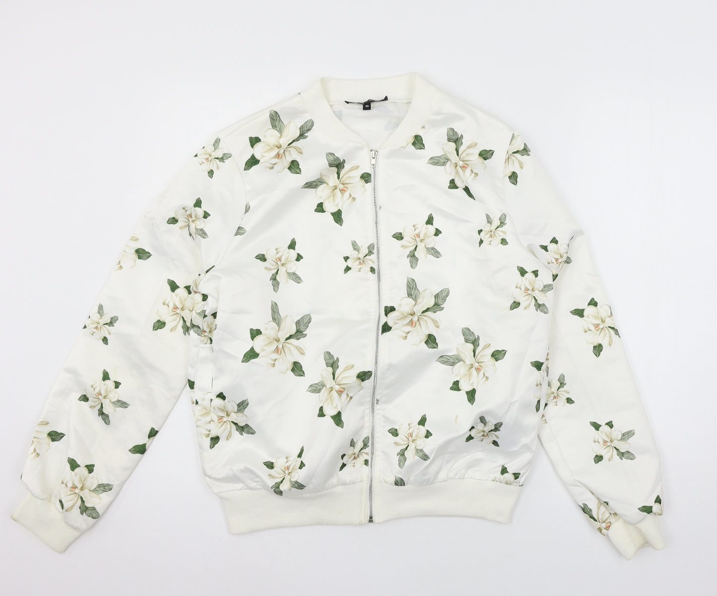 Capsule Womens White Floral Satin Bomber Jacket Jacket Size 10