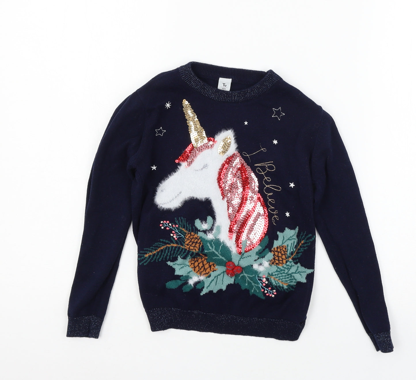 TU Girls Blue  Knit Pullover Jumper Size 6 Years  - unicorn