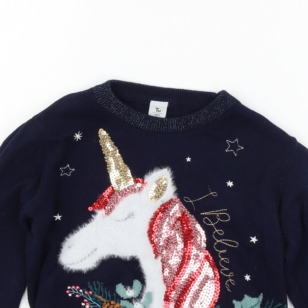 TU Girls Blue  Knit Pullover Jumper Size 6 Years  - unicorn