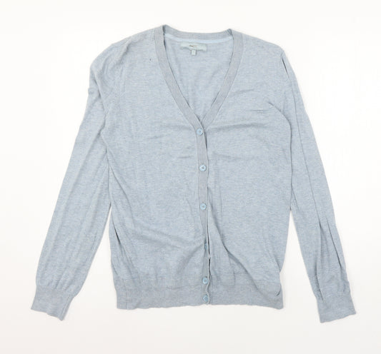 Front view of Next women’s blue knit cardigan jumper, size UK 10