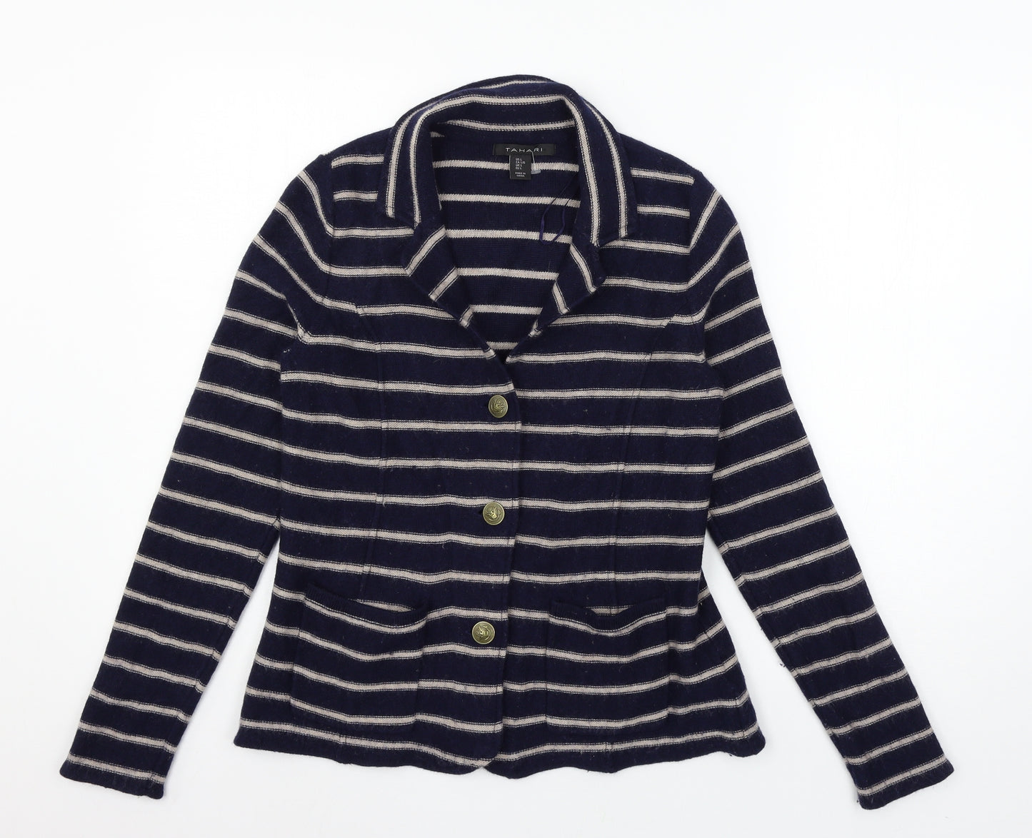 Tahari Womens Blue Striped Knit Cardigan Jumper Size L