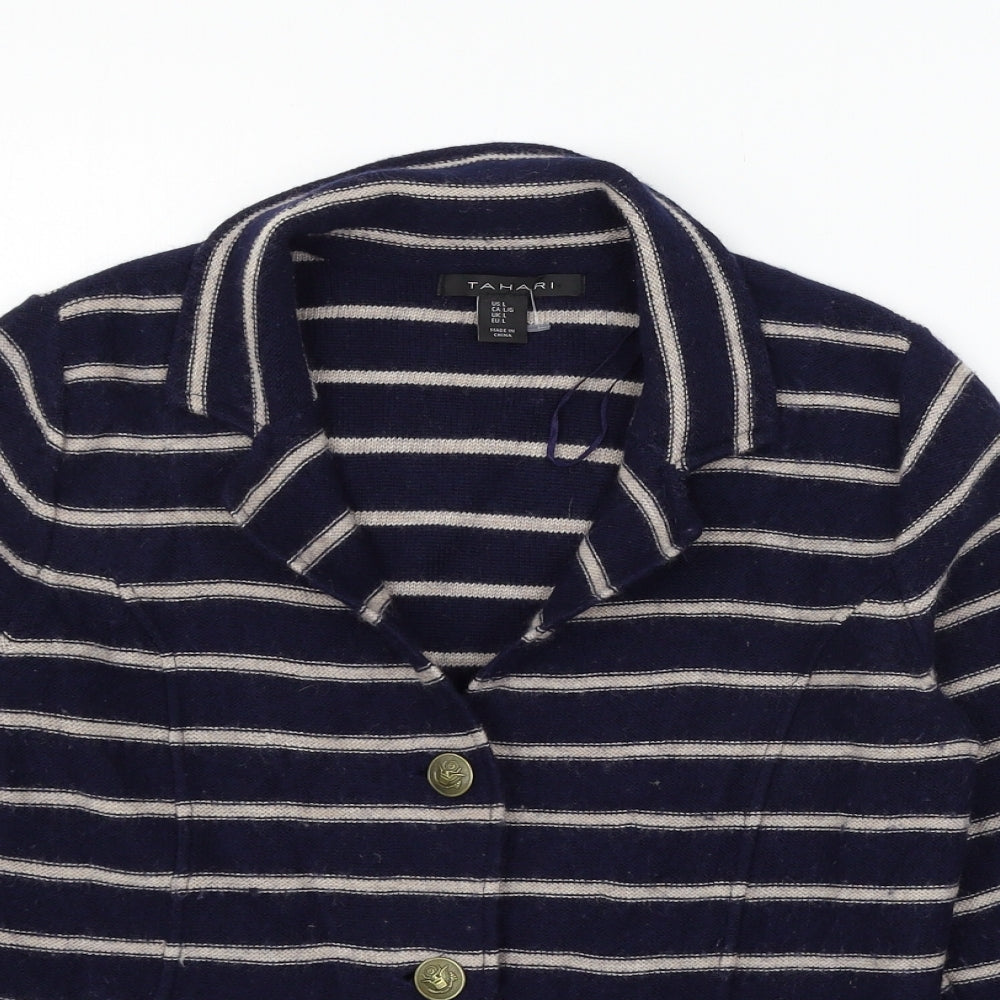 Tahari Womens Blue Striped Knit Cardigan Jumper Size L