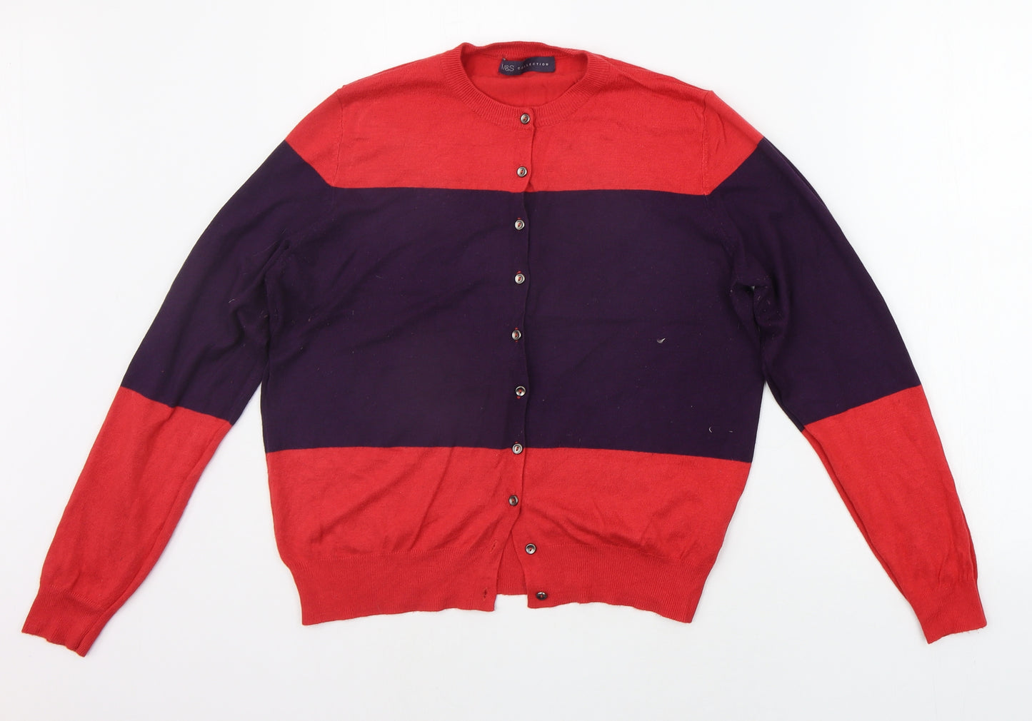 Marks and Spencer Womens Red Striped  Cardigan Jumper Size 14
