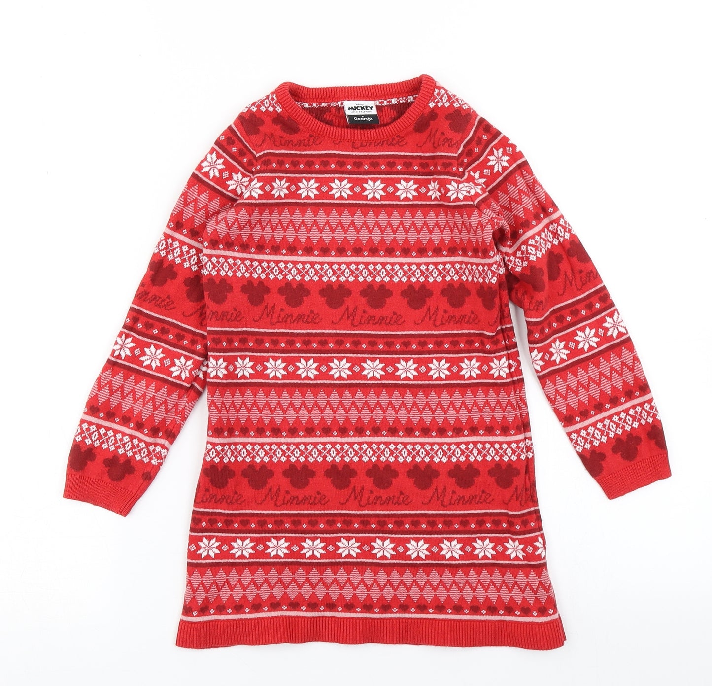 George Girls Red Fair Isle Knit Jumper Dress  Size 4-5 Years  - Minnie Mouse