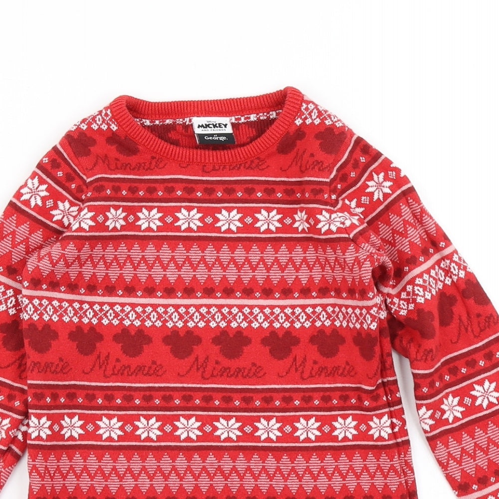 George Girls Red Fair Isle Knit Jumper Dress  Size 4-5 Years  - Minnie Mouse