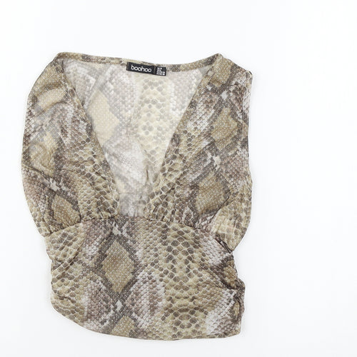 Boohoo Womens Beige Animal Print Mesh Basic T-Shirt Size 10