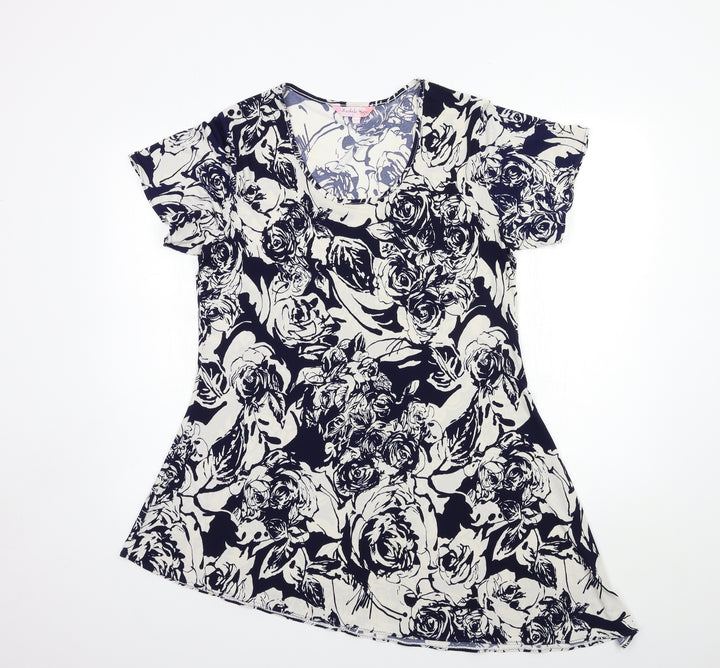 Michele Hope Womens Blue Floral  Basic T-Shirt Size 10
