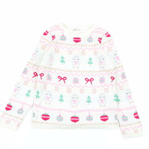 H&M Girls Ivory Geometric  Pullover Jumper Size 4-5 Years  - chrismtas