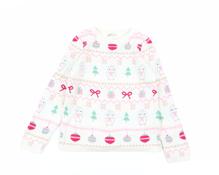 H&M Girls Ivory Geometric  Pullover Jumper Size 4-5 Years  - chrismtas