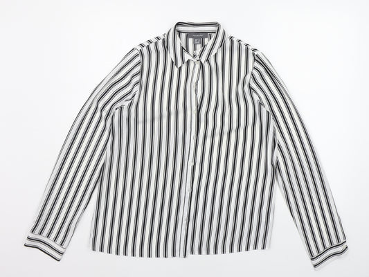 Front view of Primark women’s black striped basic button-up, size UK 10
