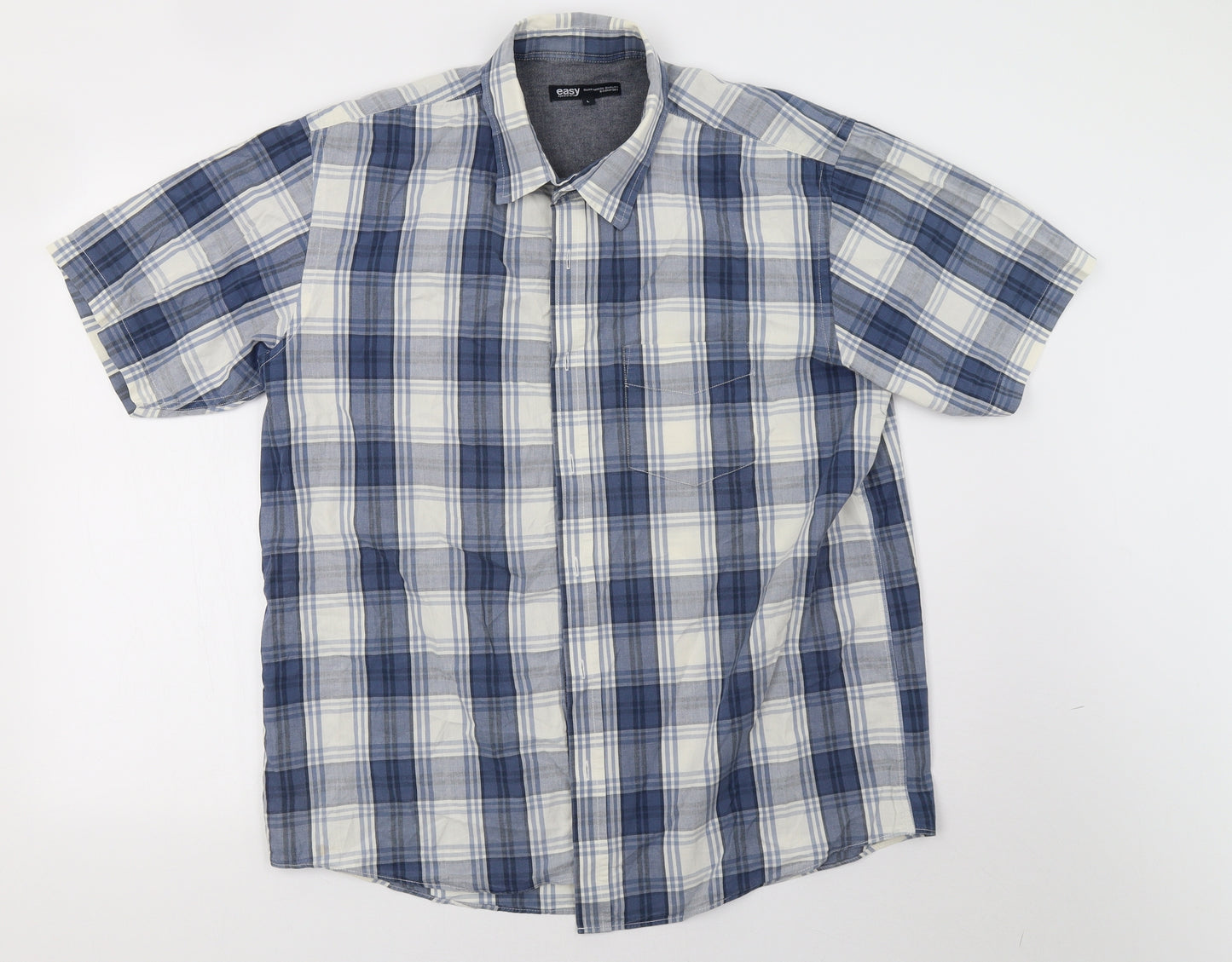 Easy Mens Blue Herringbone   Button-Up Size L