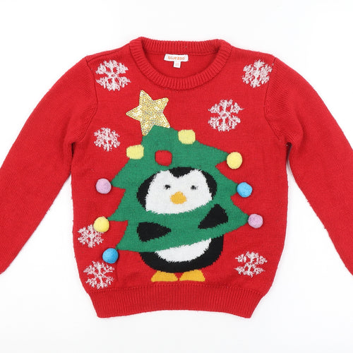 BLUEZOO Girls Red   Pullover Jumper Size 6-7 Years  - PENGUIN, CHRISTMAS
