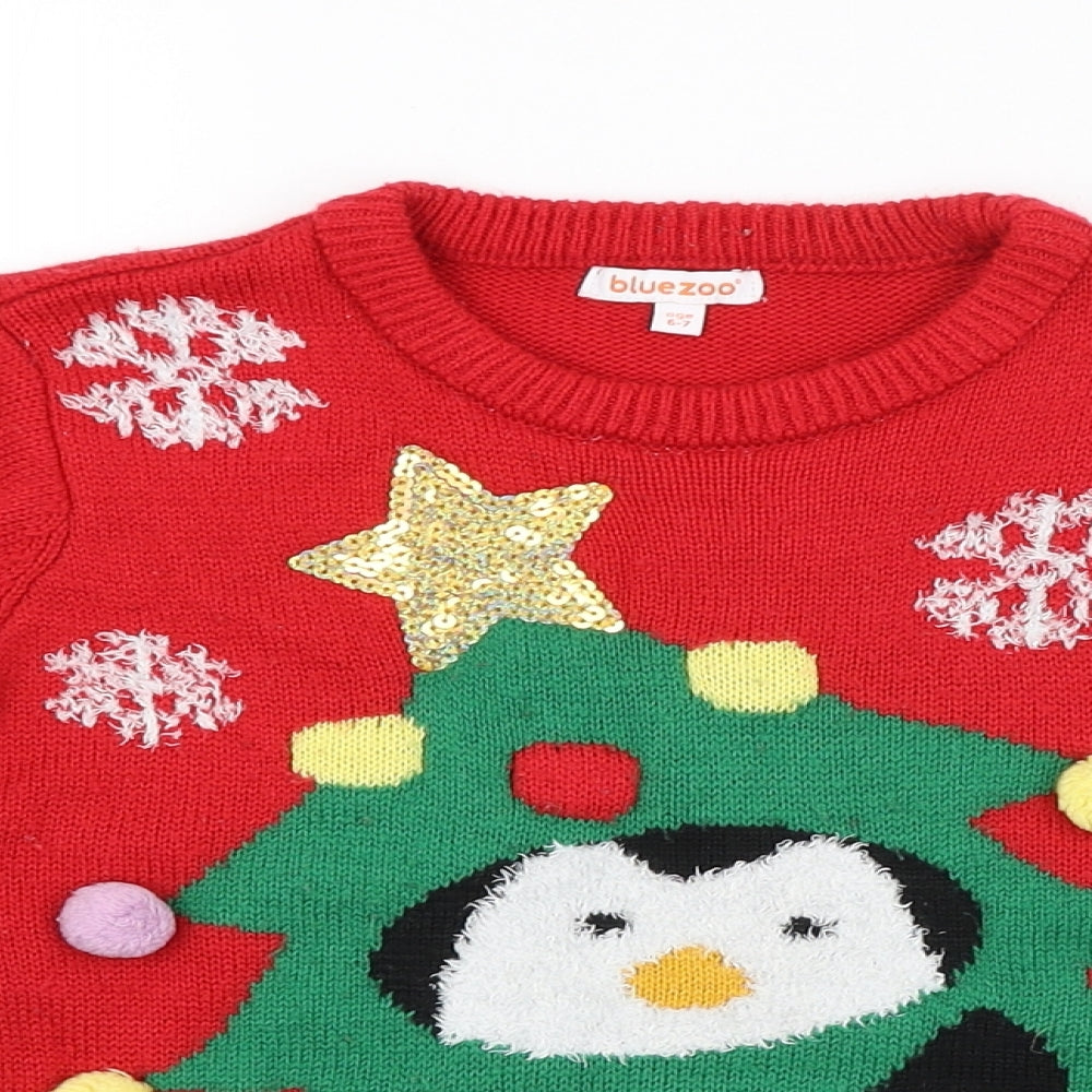 BLUEZOO Girls Red   Pullover Jumper Size 6-7 Years  - PENGUIN, CHRISTMAS