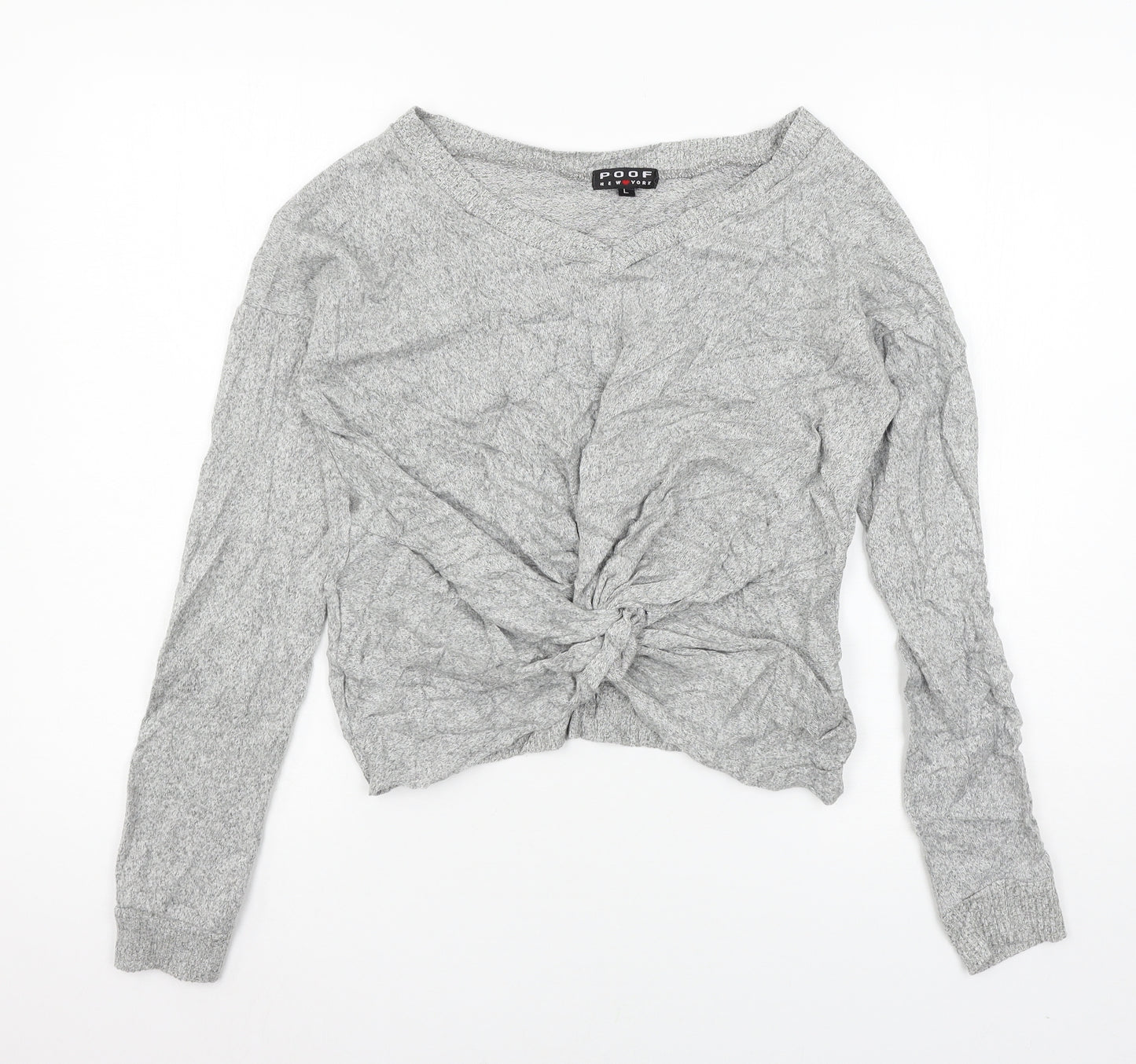 Poof Womens Grey  Knit Basic T-Shirt Size L  - Knot detail