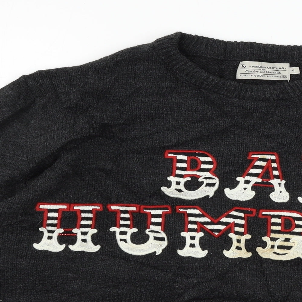 TU Mens Grey  Knit Pullover Jumper Size XL  - Bah Humbug