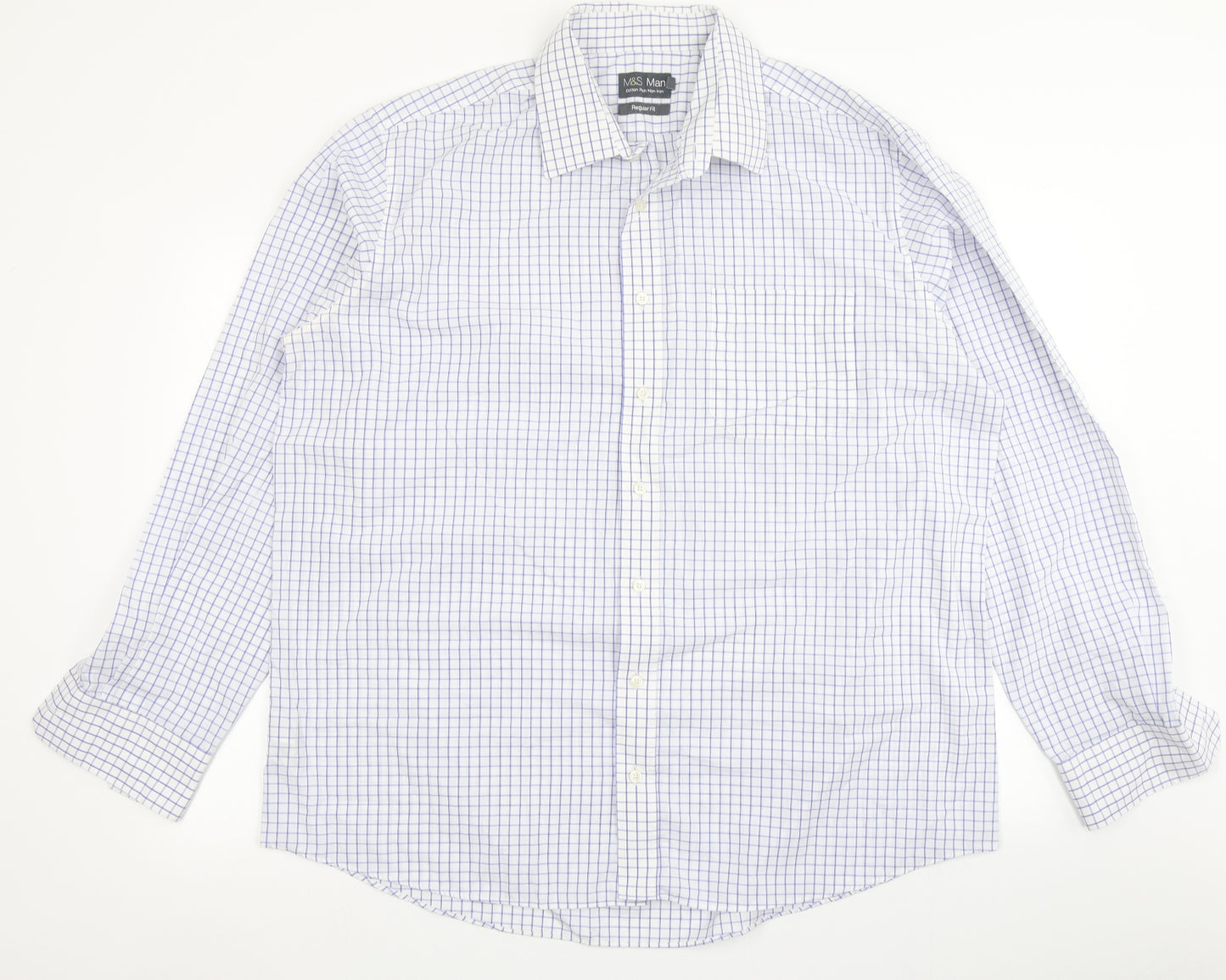 M&S Man Mens Blue Check   Button-Up Size 18