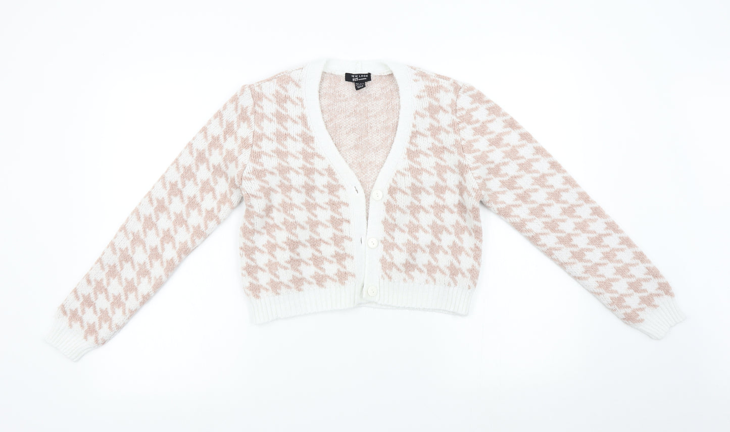 New Look 915 Girls Pink Houndstooth Knit Cardigan Jumper Size 12-13 Years