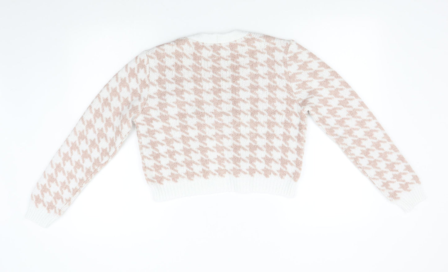 New Look 915 Girls Pink Houndstooth Knit Cardigan Jumper Size 12-13 Years